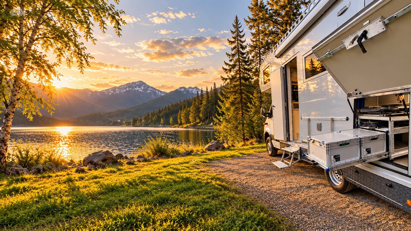 Wohnmobil am Bergsee mit ausziehbarem Heckgaragen-Regalsystem von VOBI