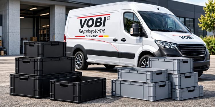 Schwarze und graue Euroboxen für VOBI-Regalsysteme
